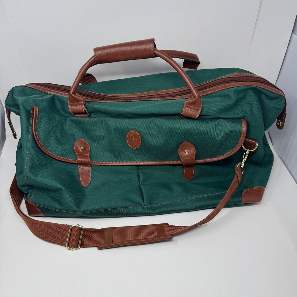 Polo Ralph Lauren Green Canvas Leather Trim Duffle Bag Weekender Travel Bag
